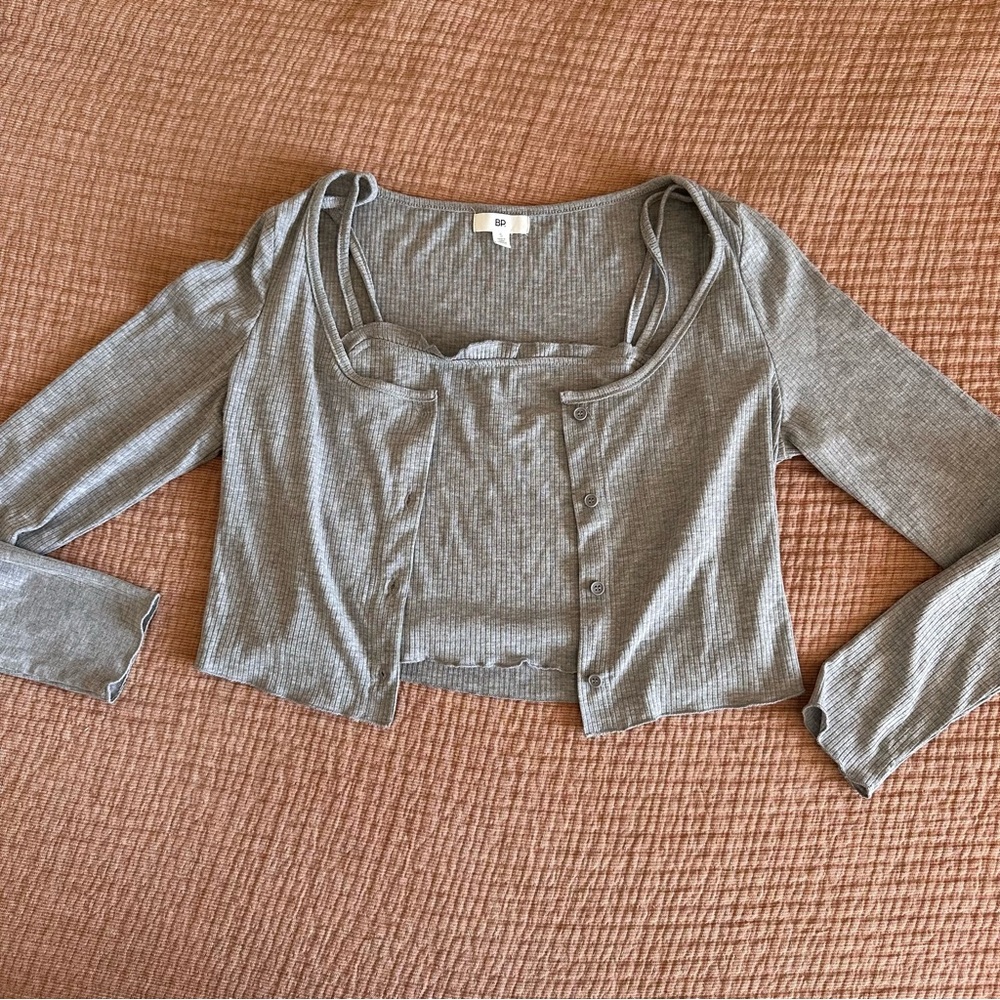 BP Cropped Cardi Set Light Grey Cardigan and Cami Ribbed